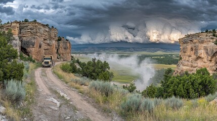 Stormy landscape with truck on dirt road.