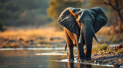 Elephant Drinking Water at Riverbank in Golden Light African Landscape