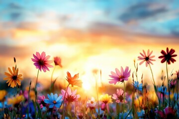 Obraz premium Wildflower meadow swaying under a golden sunset, colorful blossoms stretching to the horizon, soft and warm nature background