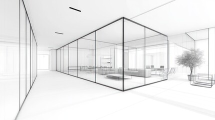 Modern glass-walled living room interior design sketch
