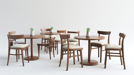 A cozy cafe-style dining setup with round tables and comfortable chairs, positioned neatly against a pure white surface in crisp detail.