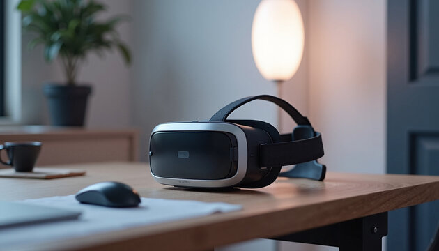 Virtual reality headset on desk in modern home office