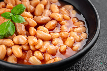 White bean tomato sauce delicious gourmet food background on the table rustic food top view copy space keto and paleo diet vegetarian and vegan food