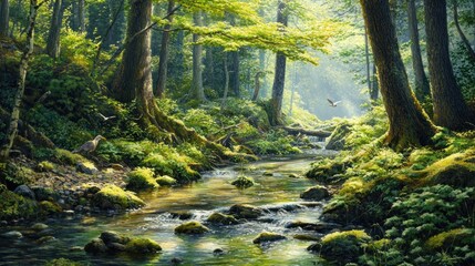 Obraz premium Tranquil Forest Stream Flowing Through Lush Green Woodland Landscape