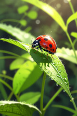 A macro shot of a ladybug, showcasing its vibrant red shell with black spots, perched delicately on a green leaf, highlighting nature's tiny wonders