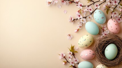 Colorful Easter eggs and spring flowers arranged for Easter celebration with soft pastel colors