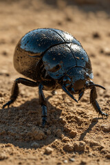 Naklejka premium A macro view of a dung beetle, highlighting its glossy, armored body and intricate details as it navigates its environment with determination