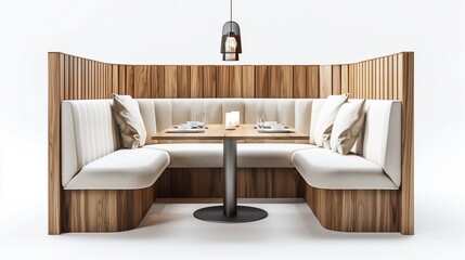 A cozy corner dining booth with soft lighting, wooden accents, and comfortable seating, isolated on a clean white background in crisp ultra-HD detail.