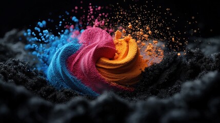 Fototapeta premium A vibrant explosion of colored powders creating dynamic swirls against a dark background, symbolizing creativity and energy.