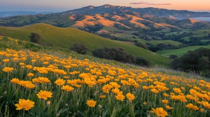 Fototapeta premium Blooming Wildflower Meadow with Rolling Hills and Distant Mountain View