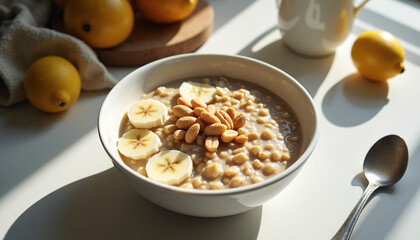 Bowl of oatmeal with bananas and peanuts against a bright background