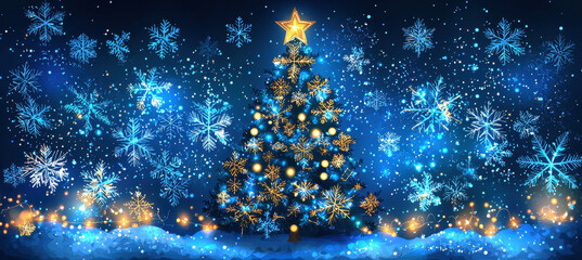 Fototapeta premium beautiful Christmas tree adorned with golden ornaments and star on top, surrounded by sparkling snowflakes and blue winter background, creating festive atmosphere