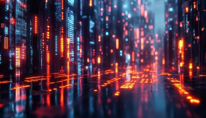 Naklejka premium A stock market trading floor with glowing holographic financial charts and neon-lit data streams, Cyberpunk, 3D Render, Cool tones