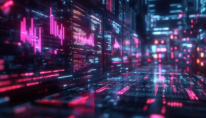 Fototapeta premium A stock market trading floor with glowing holographic financial charts and neon-lit data streams, Cyberpunk, 3D Render, Cool tones