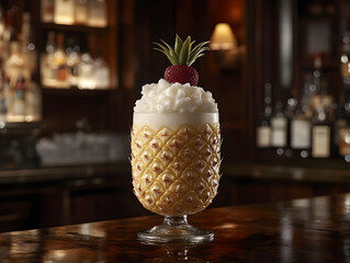 A tropical Pi&ntilde;a Colada served in a hollowed-out pineapple.