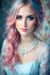 Fototapeta premium Timeless Elegance: Close-Up of Saira in Victorian Blue with Bubblegum-Pink Hair and Dreamlike Aura