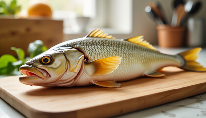 Fresh barramundi fish on wooden cutting board in bright kitchen, culinary art