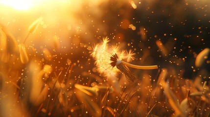 A dandelion seed floating in the wind, its delicate fibers catching the light, isolated in a bright setting.