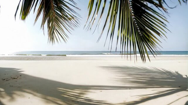 A serene and peaceful beach view showcasing gentle waves lapping against the shore and lush palm fronds swaying. Light tropic breeze from the sea.