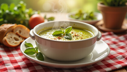 Steaming caldo verde soup in cozy dining area, culinary warmth