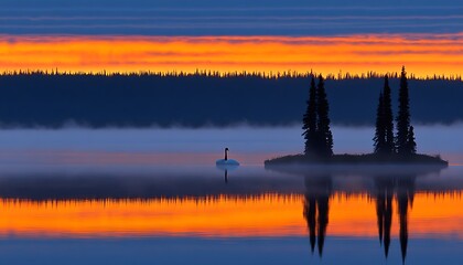 Obraz premium Sunrise Swan, Misty Lake, Boreal Forest