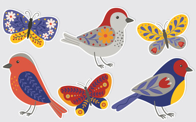 Set of stickers with beautiful decorative birds and butterflies. Hand drawn illustration with fauna elements in bohemiam style	