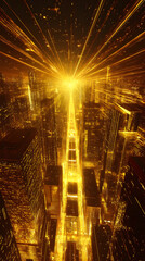 A cityscape made of golden buildings with lights shining on them
