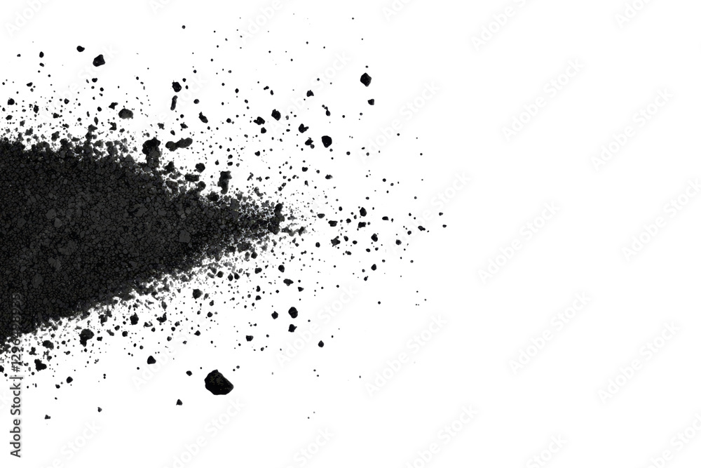 Poster scattered particles falling against a white backdrop. spray effect prominent. black drops scatter ra