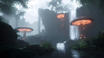 A misty jungle with enormous glowing mushrooms and cascading waterfalls 