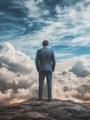 Businessman considering a brainstorm for marketing in cloudy landscape