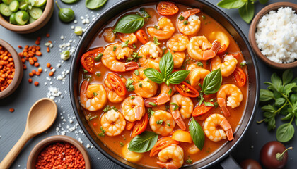 Flavorful shrimp soup with fresh ingredients on modern kitchen countertop, culinary art