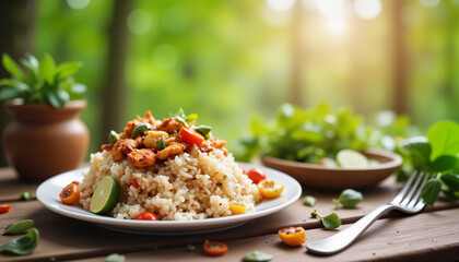 Hearty plate of Com tam with toppings on rustic table, cozy dining