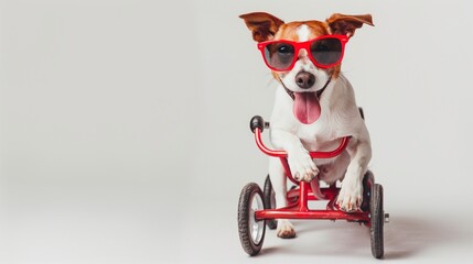 A dog wearing sunglasses, riding a small tricycle with its tongue hanging out, isolated on a clean white backdrop.