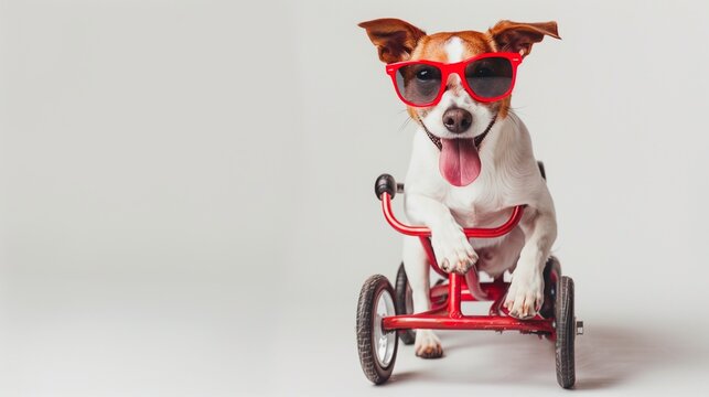 A dog wearing sunglasses, riding a small tricycle with its tongue hanging out, isolated on a clean white backdrop.