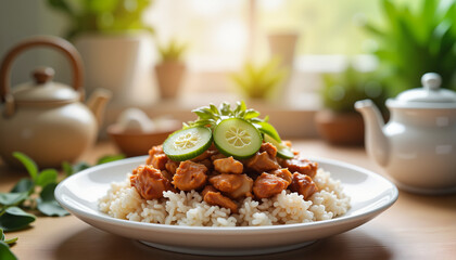 Comforting bowl of Com tam with marinated pork in sunny kitchen, nostalgia
