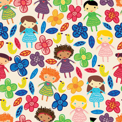 Seamless Pattern with Cute Dolls, Flowers, and Leaves