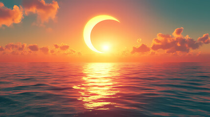 Sun in natural phenomena theme, stunning solar phenomenon with crescent sun over ocean at sunset. Eclipsed Sun Over Ocean. Illustration