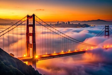 Obraz premium Golden Gate Bridge Sunset Fog, Dramatic Bokeh, San Francisco Bay Area Landscape
