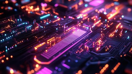 Obraz premium An aerial drone shot of a futuristic city with glowing neon grids and holographic data paths, Cyberpunk, 3D Render, Bright and dynamic