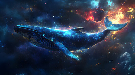 swimming through an ocean in space, its body glowing with cosmic energy 