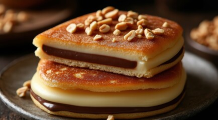 A delectable stack of pancakes with layers of chocolate.