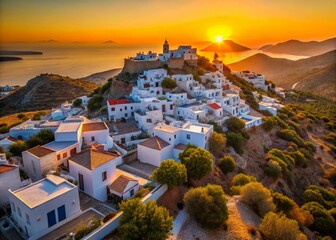 Golden Hour in a Greek Village: Drone View of Sunset Serenity