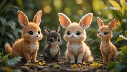 Charming Cartoon Rabbits Sitting Together in a Whimsical Outdoor Setting