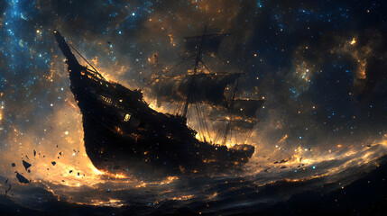 resting on the surface of a star-filled ocean, its sails glowing with cosmic dust 
