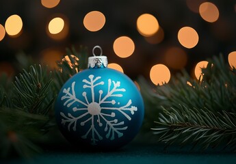 Fototapeta premium Blue Christmas Ornament with Snowflake Design on Evergreen Branch
