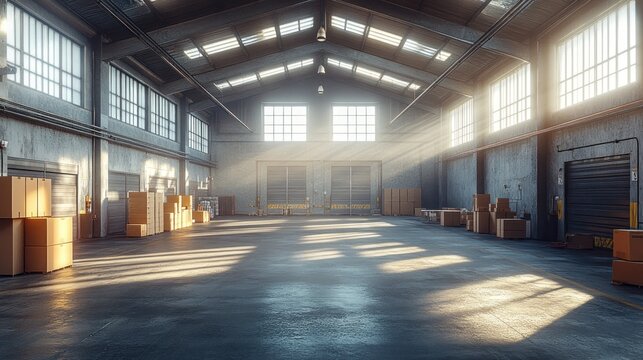 Sunlit industrial warehouse interior with cardboard boxes.