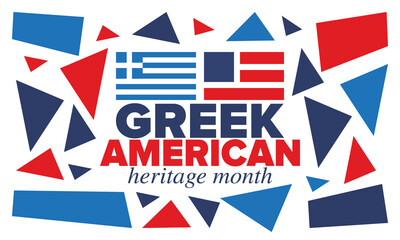 Greek American Heritage Month. Greece and United States flag. Greek blue color. Happy holiday celebrate in March. Culture month. Patriotic design. Poster, card, banner, template. Vector illustration