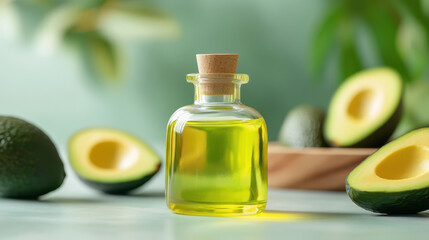 Bottle of fresh avocado oil surrounded by sliced avocados on a soft green background