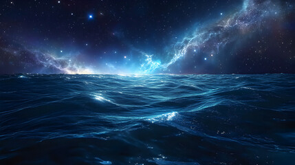 Fototapeta premium ocean floating in deep space, with stars reflecting on its endless waves 