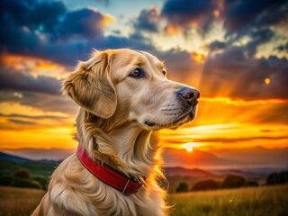 Golden Retriever Dog with Red Collar Watching Sunset - Adorable Pet Portrait